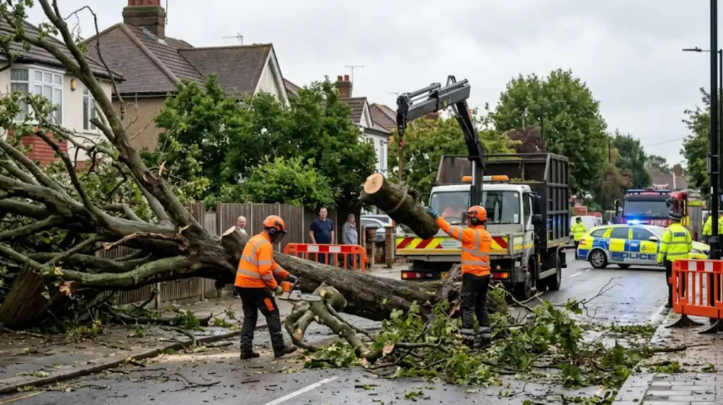 What should you do if a dangerous tree blocks your road after a storm?