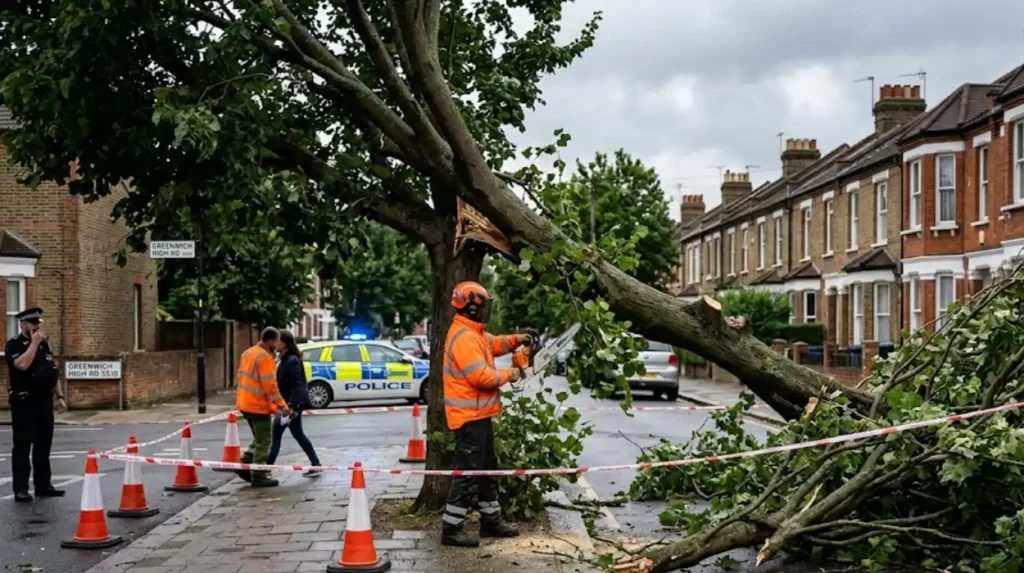 When should I call instead of reporting overhanging vegetation online in Greenwich?