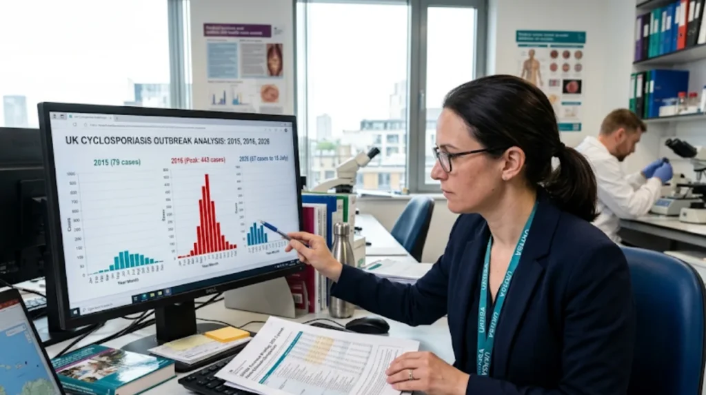 How does the 2026 cyclospora outbreak compare to previous UK outbreaks?
